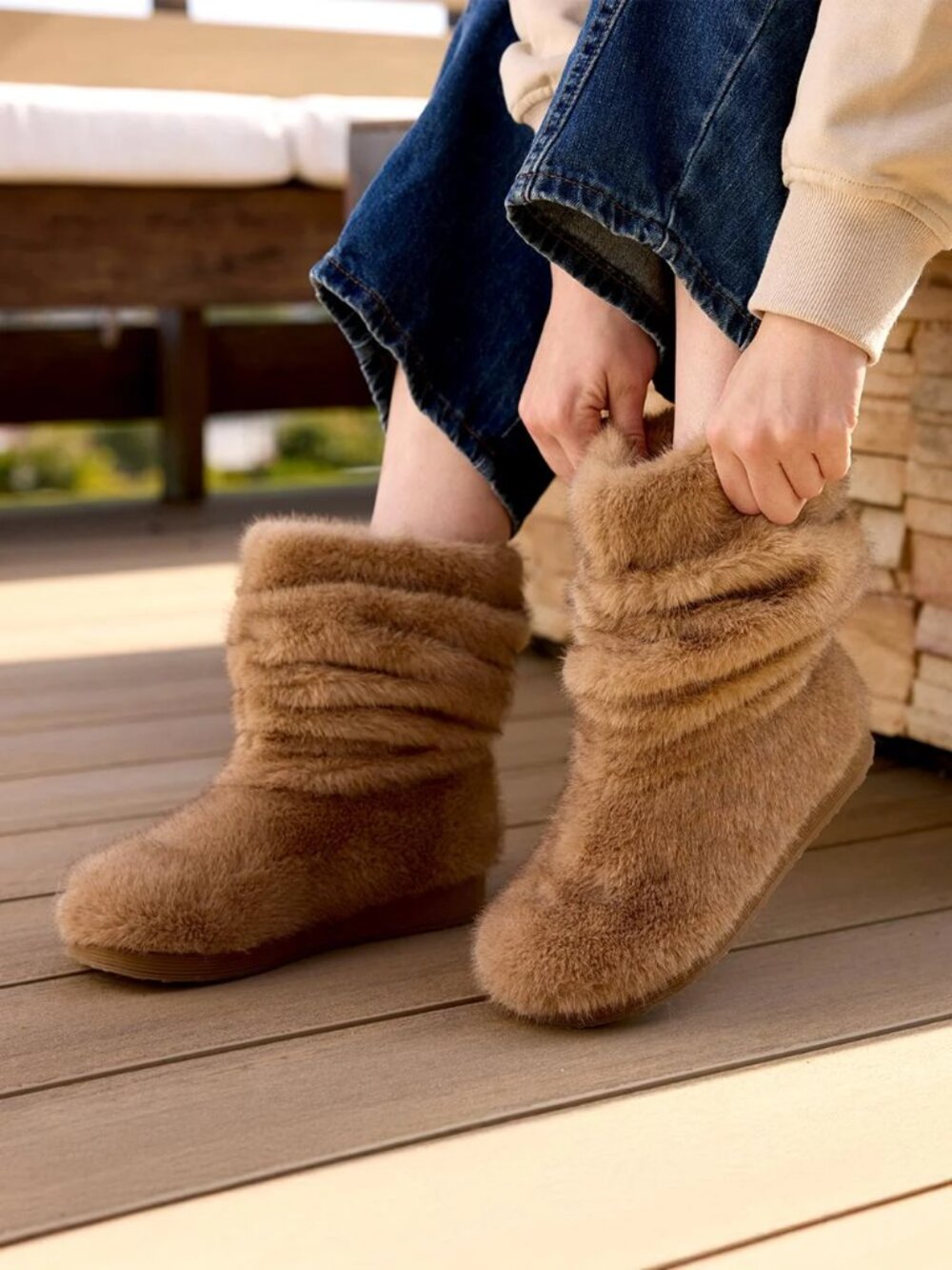 BC Footwear by Seychelles Teddy Faux Fur Slouch Boots -Tan-